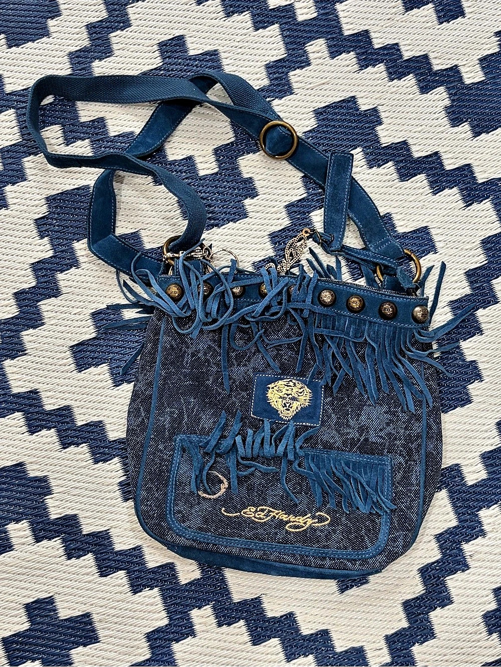 Ed Hardy Deimn Blue Suede Fringed Leather Purse Shoulder Bag W